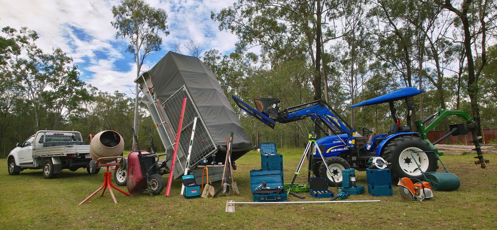 Holly Civil plant and equipment in Jimboomba - New Holland tractor, post-hole auger, cement mixer, laser level and power tools